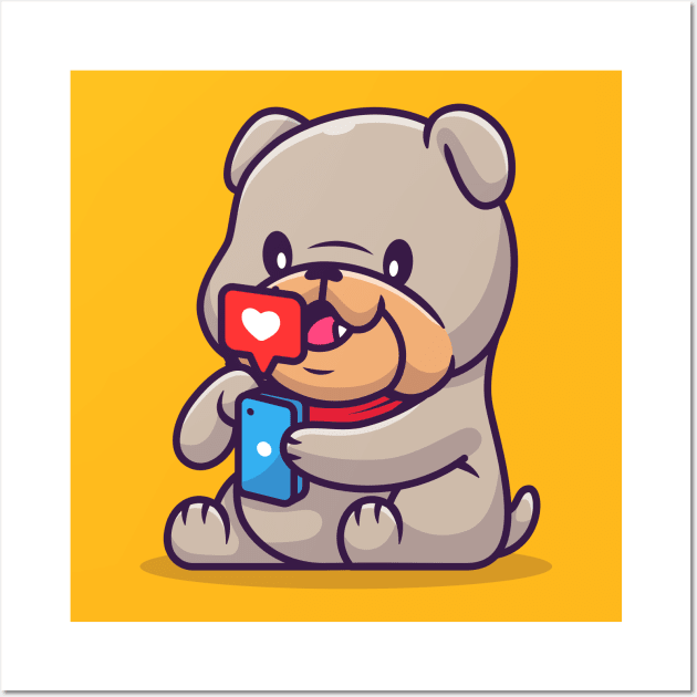 Cute Bulldog Playing Phone Cartoon Wall Art by Catalyst Labs